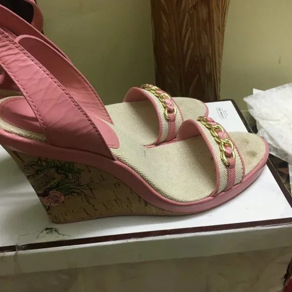 Authentic Coach Ellette Leather and Cork Platform Wedge Ankle Strap Sandals - Picture 4 of 10